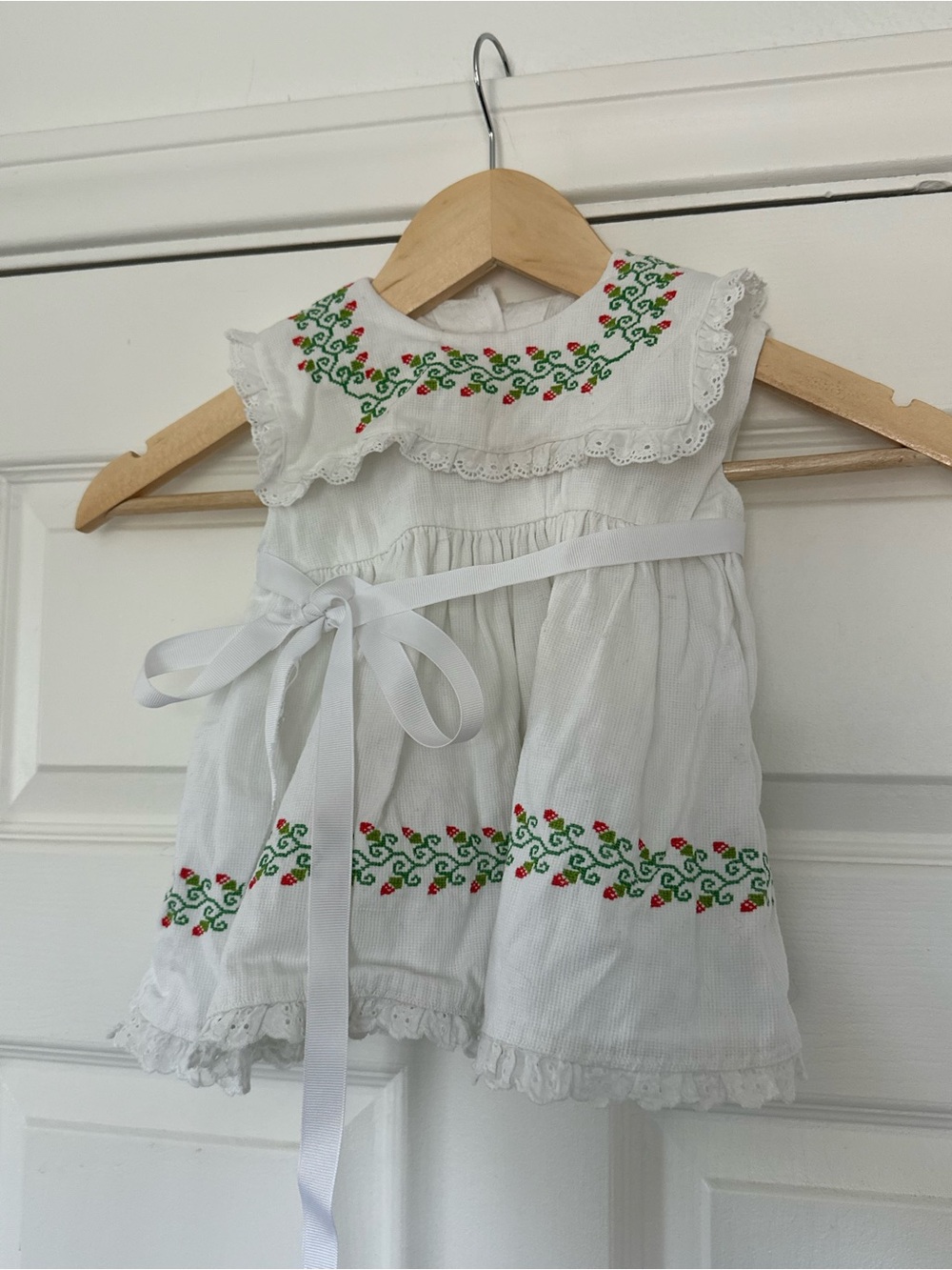 Vintage Handmade White Embroidered Baby Dress with Green & Red Floral Trim